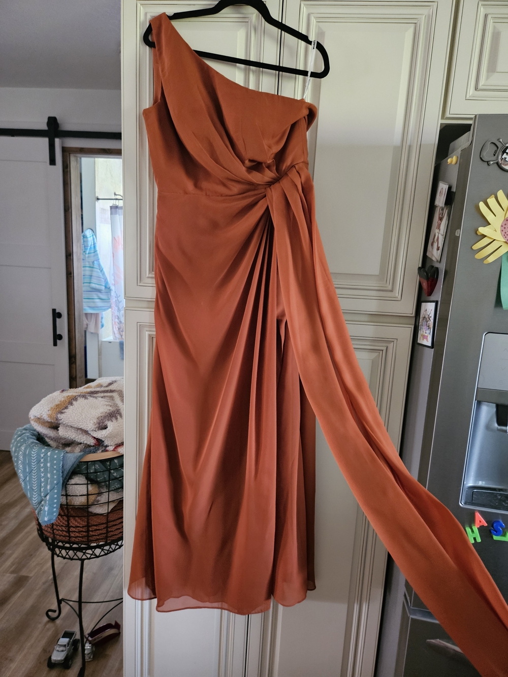 Terracotta One-Shoulder Draped Women's Dress - Picture 12 of 12